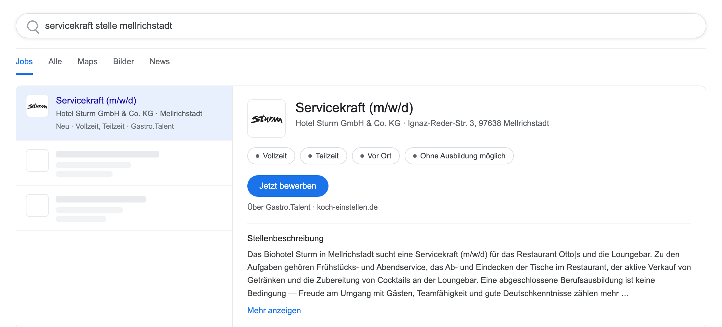 Die Stelle in der Google-Jobsuche